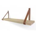 Eiken wandplank massief recht 100 x 25 cm inclusief leren riemen bruin