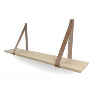 Eiken 18mm wandplank recht 75 x 30 cm inclusief leren riemen cognac Eiken 18mm wandplank recht 75 x 30 cm inclusief leren riemen cognac