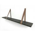 Eiken 18mm wandplank recht zwart 120 x 20 cm inclusief leren riemen cognac