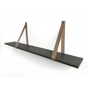 Eiken 18mm wandplank recht zwart 50 x 20 cm inclusief leren riemen cognac Eiken 18mm wandplank recht zwart 50 x 20 cm inclusief leren riemen cognac